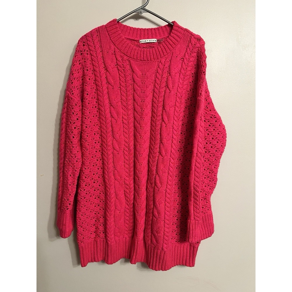 Alice + Olivia Women's Pink Wool Blend Cable Knit Crew Neck Sweater Size XL